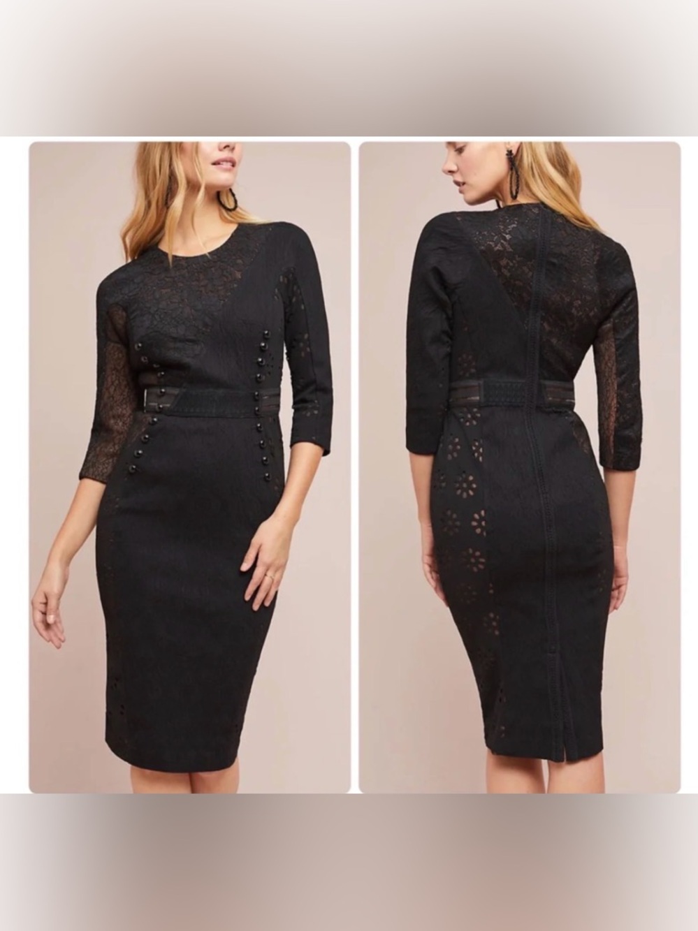 Anthropologie Byron Lars Bettine Column Black Lace 3/4 Sleeves Sheath Dress